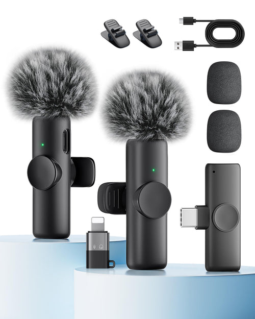 Wireless Microphone for iPhone iPad and Android Phone, 2 Pack Wireless Lavalier Lapel Mic with Noise Reduction, Plug and Play Mini Microphone for Video Recording Interview Podcast YouTube TikTok Vlog
