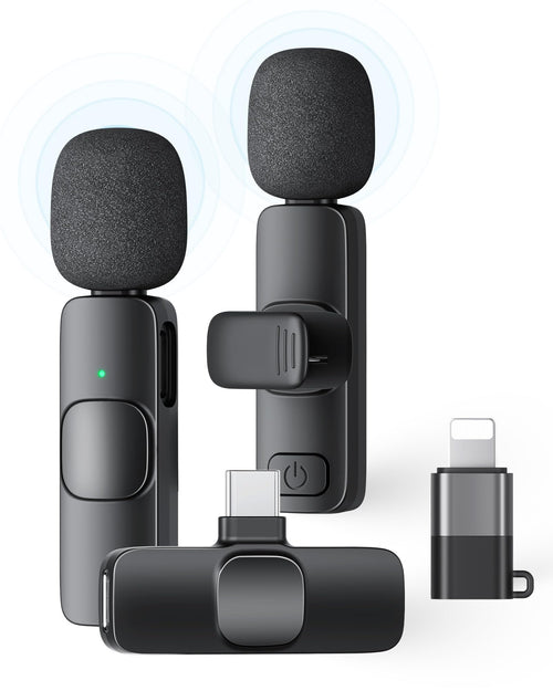 2 Pack Wireless Lavalier Microphone for iPhone iPad and Android Phone, Lapel Mic Plug and Play Wireless Mic Noise Reduction Mini Microphone for Video Recording Interview Podcast Vlog YouTube Tiktok