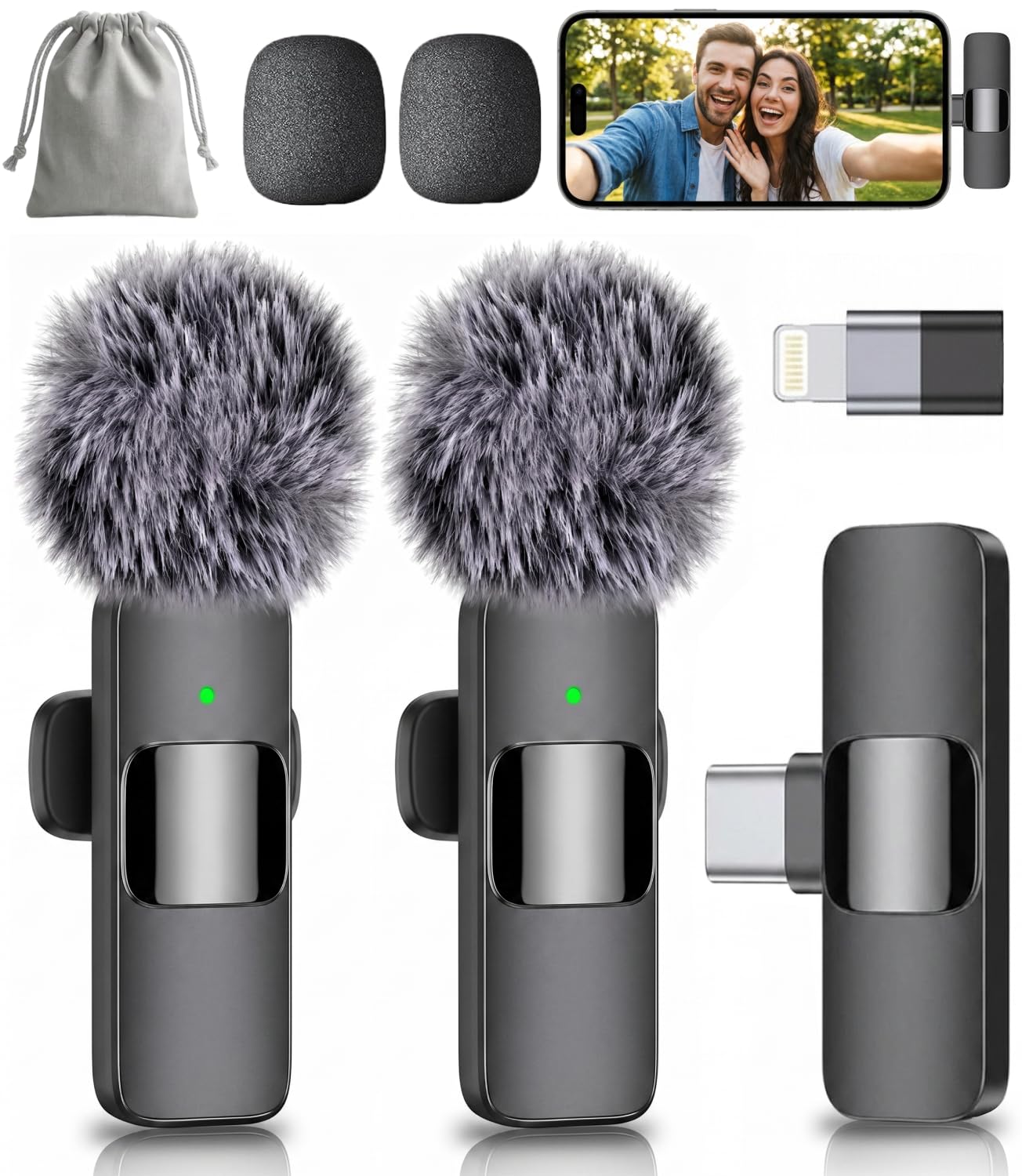 Mini Mic Pro (Latest Model - Wireless Mini Microphone for iPhone, iPad, Android - 2 Pack Lavalier Microphone for Video Recording - iPhone Mic Crystal Clear Recording for Content Creators with Pouch