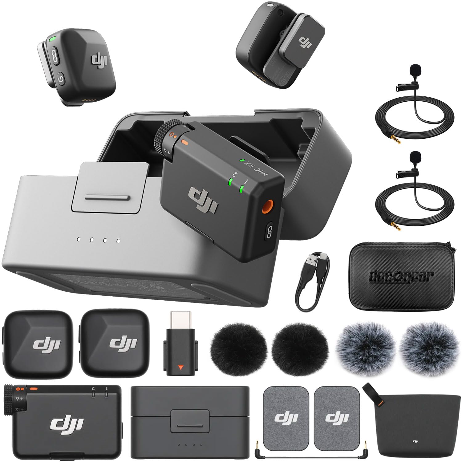 DJI Mic Mini (2 TX + 1 RX + Charging Case) Wireless Lavalier Microphone, Ultralight, Noise Cancelling, Up to 48-Hour Battery Life Bundle with 2 x Deco Gear Lapel Microphone and 5" EVA Case